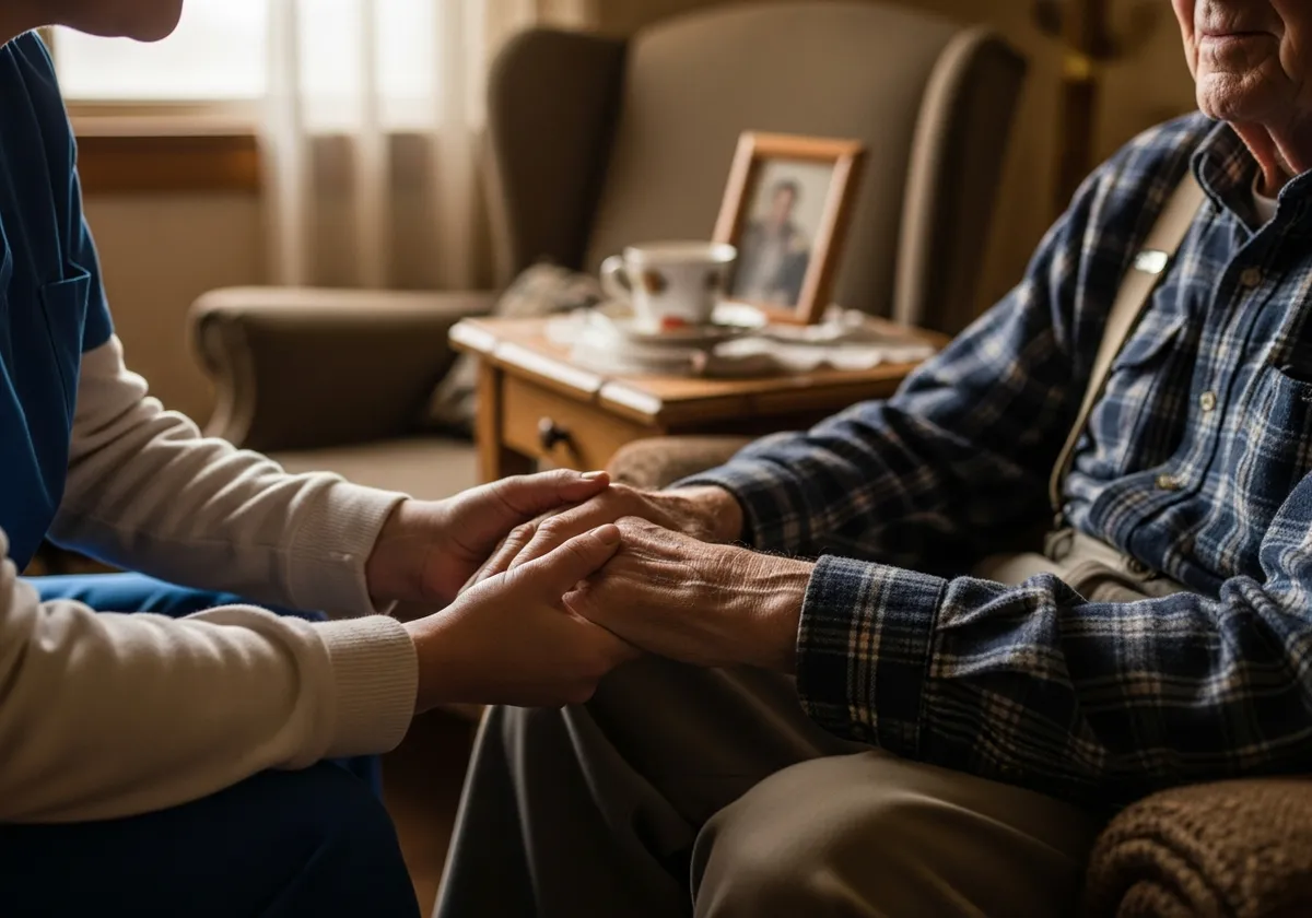 An in-home caregiver holding the hands of an elderly client at home